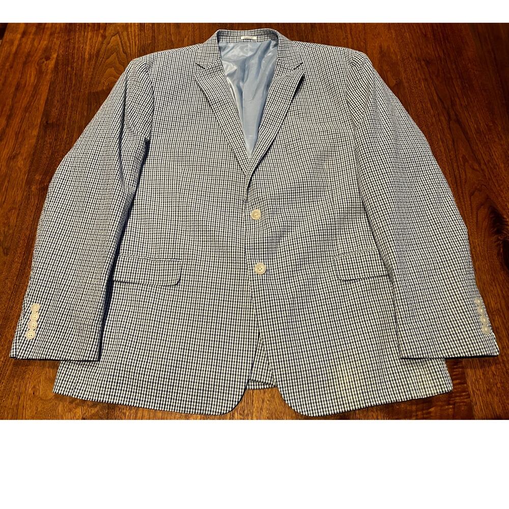 Saddlebred Men’s 46R Seersucker‎ Blazer Blue White Gingham Cotton Sport Coat